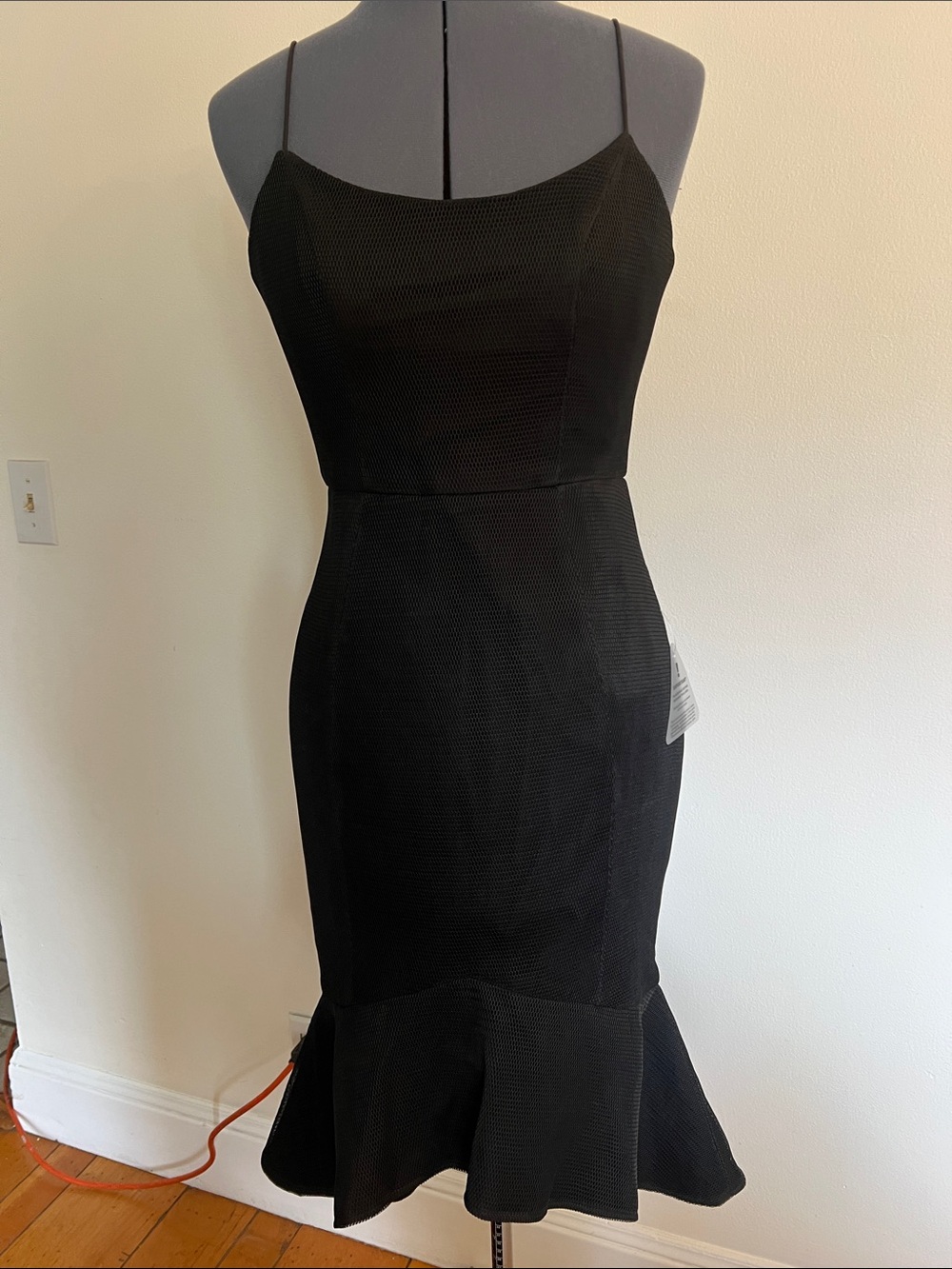 NWOT-Lumier Black Spaghetti-Strap Midi Dress with Ruffled Hem